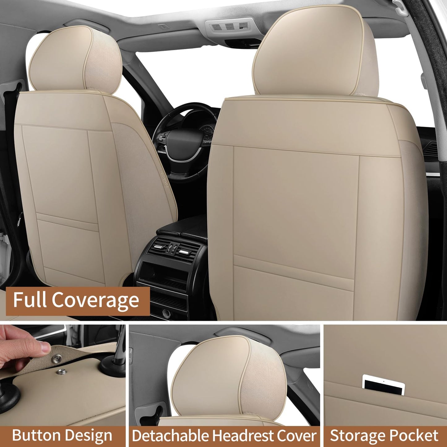 hoozoom Leather Car Seat Covers Full Set Breathable Automotive Seat Covers Waterproof Seat Protectors Universal Fit for Most Automotive Cars SUV Trucks(Beige, Full Set)