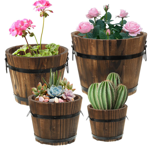 Hlimior 4 Pcs Wooden Whiskey Barrel Planters, Wooden Flower Planters Pots Boxes with Metal Handles 4 Sizes Planting Wood Buckets Christmas Tree Pot for Indoor Outdoor Garden Home Plants