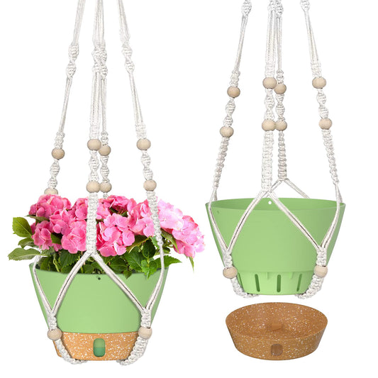 ZMTECH 2 Pack 10 Inch Hanging Planters with Macrame Plant Hanger for Indoor and Outdoor Plants, Self Watering, Drainage Hole, Visible Level Tray, Green