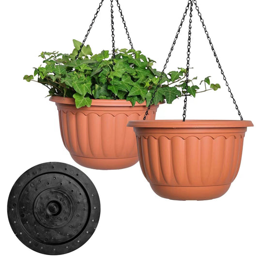YIKUSH Hanging Planter for Indoor and Outdoor Plants 2 Pack 12 inch Flower Pot Plastic Plant Pot with Drainage Hole and Absorbing Tray（Terracotta）