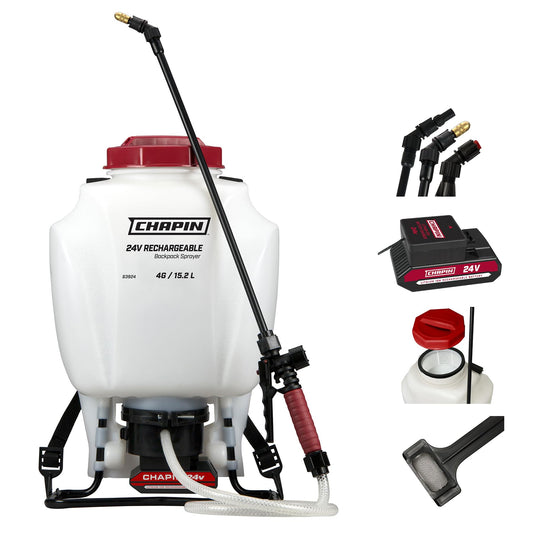 Chapin 63924 Backpack Sprayer, 4‑Gallon 24V Battery‑Powered, Translucent Poly Tank, 6" Wide‑Mouth Opening, 3‑Stage Filtration & Adjustable Brass/Poly Nozzles for Fertilizer, Weed & Pest Applications