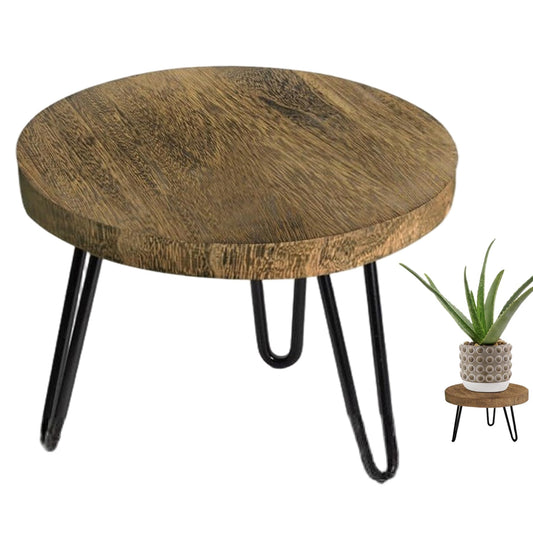 Grsrkep Single Plant Stand Indoor - 10 Inch Wood Plant Stand & Metal Leg Natural Grain Sturdy Decorative Plants Holder for Home, Garden, and Entryway
