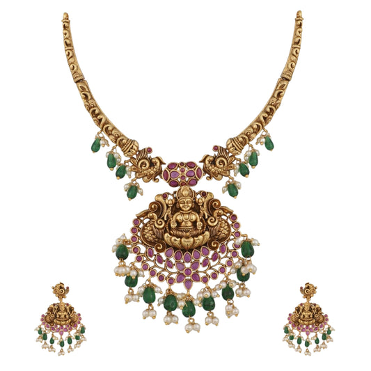 TARINIKA Antique Gold Plated Anandi Short Necklace Set with temple design - Indian Jewelry Sets for Women | Perfect for Ethnic Occasions | Traditional South Indian Necklace | 1 Year Warranty*