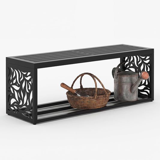 Orbotots 47" Outdoor Garden Bench with Storage Shelf, Modern Black Entryway Bench, Wood-Grain HDPE Seat, Galvanized Steel Frame with Powder Coating for Porch, Yard, Patio, Willow Leaf