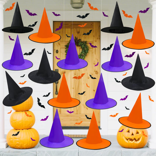 Daily Treasures 15Pack Black&Orange&Purple Hanging Witch Hats Set with 48Pcs 3D Bat Wall Decor & 150m Hanging Rope for Halloween Decorations Costume Accessory,Cosplay,Spooky Decor,Indoor Outdoor Party