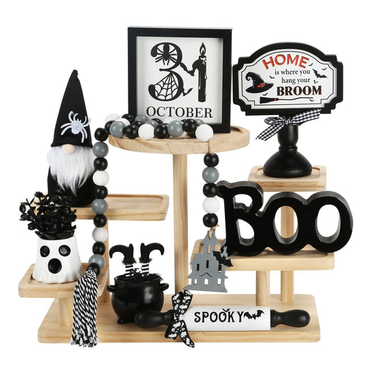 Halloween Decorations 8PCS Tiered Tray Decor, Cute Tabletop Halloween Decor for Home Tray Shelf Mantel Coffee Bar Office Table Centerpieces Farmhouse Rustic Spooky Wood Signs