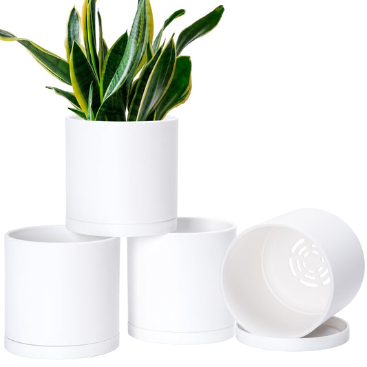 D'vine Dev 4 Pack 6.5 Inch Modern Plastic Plant Pots, Small Garden Planters for Plant with Drainage Holes and Saucers, White Color, 74-Z-L-2
