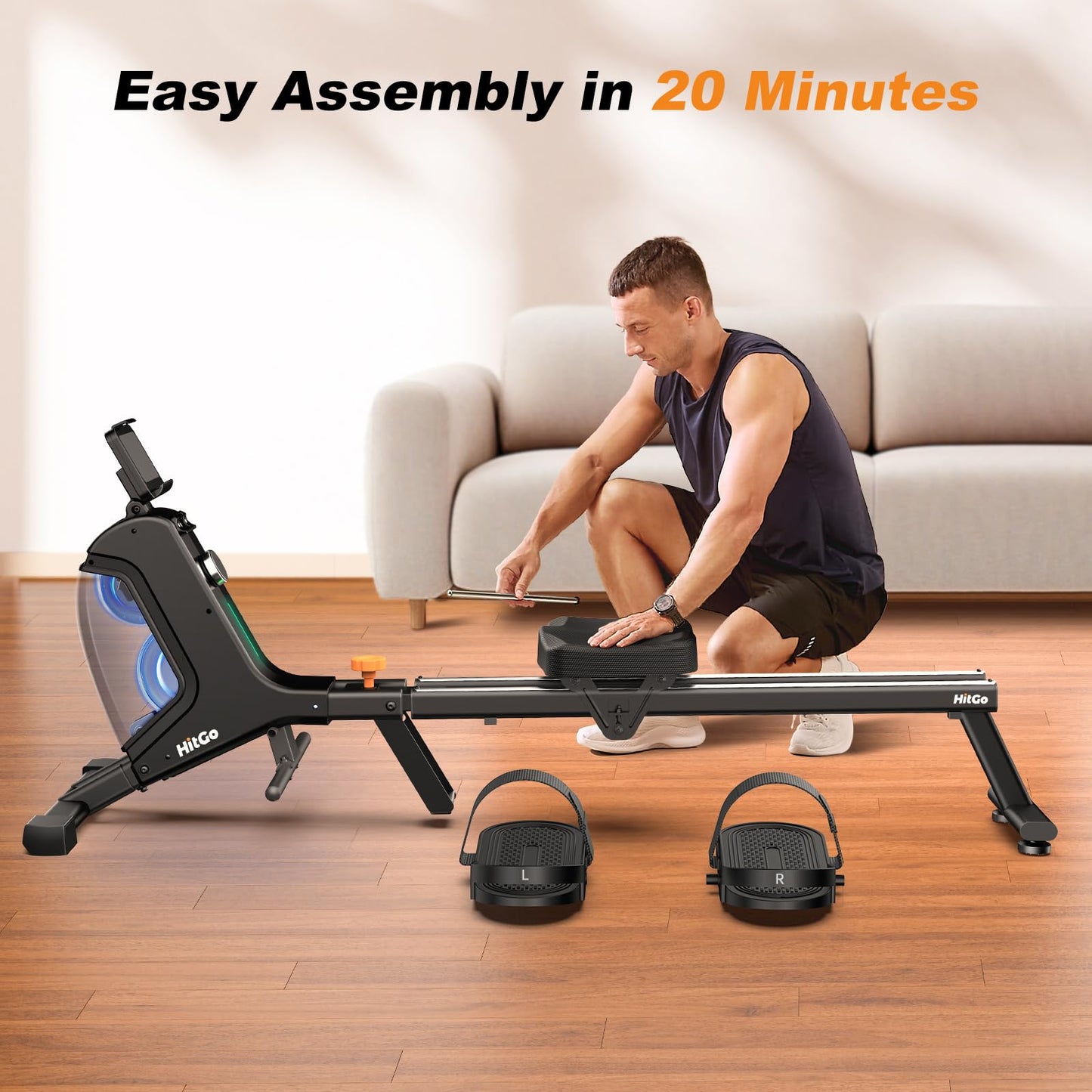 Magnetic Rowing Machine with 32-Level Electromagnetic Resistance, Dual Rail Design, Smart LED Feedback & App Integration, Foldable Quiet Rowing Rower for Home Gym