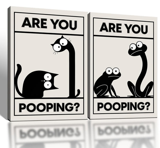 Framed Funny Bathroom Wall Art Set Of 2 Black And White Cartoon Animal Canvas Prints Are You Pooping Bathroom Decor For Guest Bathroom Powder Room Restroom Ready To Hang 12 X 16 Inches