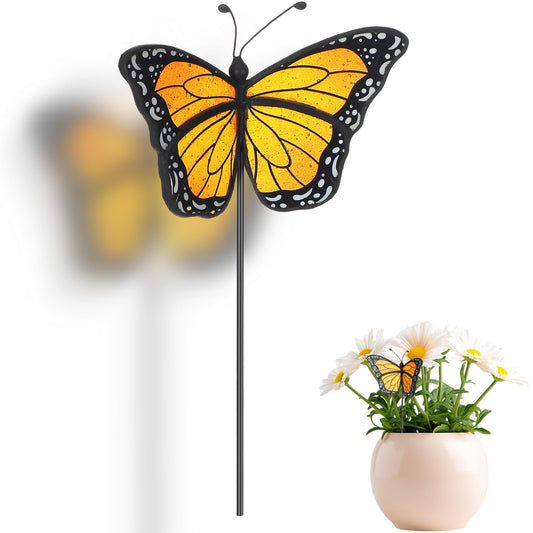 Geelin 1 Pc Stained Glass Flying Butterfly Suncatcher Flower Pot Decoration Metal Plant Pot Hangers Colorful Garden Yard Suncatcher Decor for Spring Home Indoor Outdoor Decor(Orange, Chic)