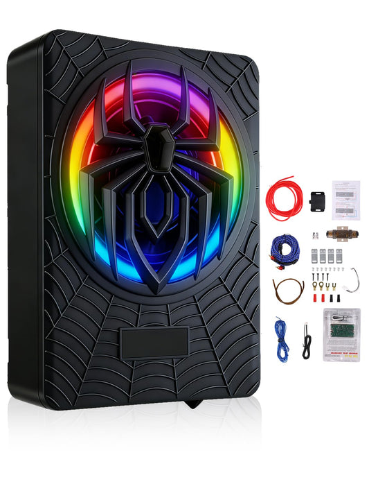 1200W Powered Under Seat Car Subwoofer with Built-in Amplifier, Slim Low Profile Subwoofer for Car Audio Upgrade, Adjustable Bass Control, Beat-Synced RGB Lighting