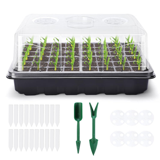 Delxo 3 Pack Seed Starter Kit Large Seedling Starter Tray(144 Cells) Total with Humidity Domes - Adjustable Vents & Deep Base Germination Kit for Indoor Gardening - Includes 10 Tags & Tools