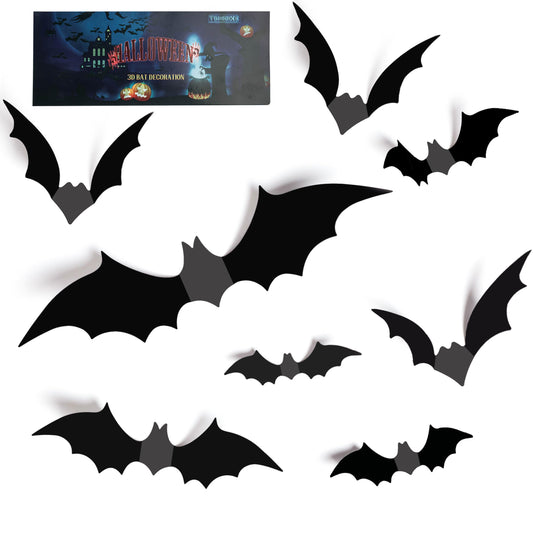 TDHDIKE Halloween Decorations Bats Wall Decor Halloween Party Decorations Indoor Outdoor Decor Supplies, 64 Pcs Reusable PVC 3D Black Bats Stickers for Creepy Home Bathroom Decor
