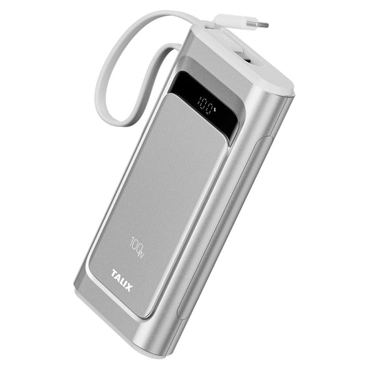 TALIX 100W Laptop Portable Charger,3-Port USB-C Fast Charging Power Bank 10000mAh Battery Pack with Built-in Retractable Cables for MacBook,Computer,Cell Phones,iPhone 17,iPad,Android,Samsung,Silver