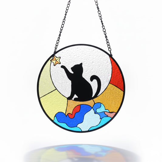 Black Cat Stained Glass Window Hanging Ornament, Cat Suncatcher Indoor Wall Art, Boho Cottagecore Moon Kitten Wall Hanging Decorations, Gifts for Cat Lovers, 5.9''