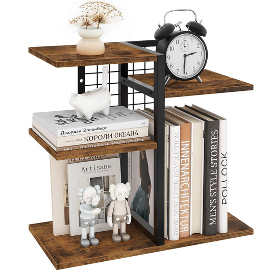 ELITEROO Desktop Shelf Organizer, 4-Tier Wooden Desk Bookshelf, Small Tabletop Book Shelf, Adjustable Display Rack for Home, Office, Dorm, Rustic Brown