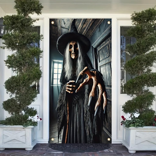 Tomhong Halloween Witch Door Cover 71x35 Inch Scary Black Witch Hanging Decoration forHaunted House Trick or Treat Spooky Indoor Outdoor Wall Holiday Party Decor