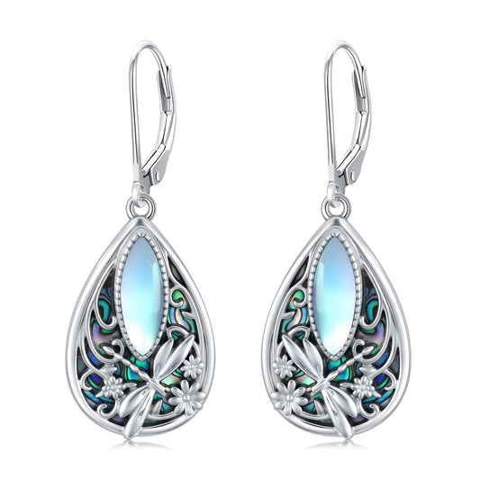 KoyeKei Dragonfly Gifts for Women 925 Sterling Silver Dragonfly Filigree Dangle Drop Earrings Abalone Moonstone Filigree Leverback Earrings Jewelry Gift for Girlfriend Wife Daughter