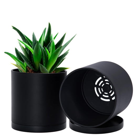 D'vine Dev 2 Pack 5 Inch Modern Plastic Plant Pots, Small Garden Planters for Plant with Drainage Holes and Saucers, Black Color, 74-Y-G-1