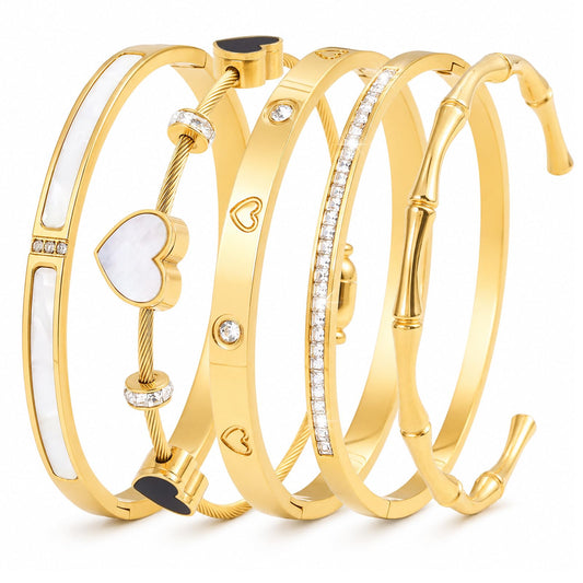 Womens 18K Gold Plated Bangle Bracelet Set 5Pcs Stackable Bangles Waterproof Stainless Steel Mother of Pearl Heart Cubic Zirconia Jewelry Gifts for Women