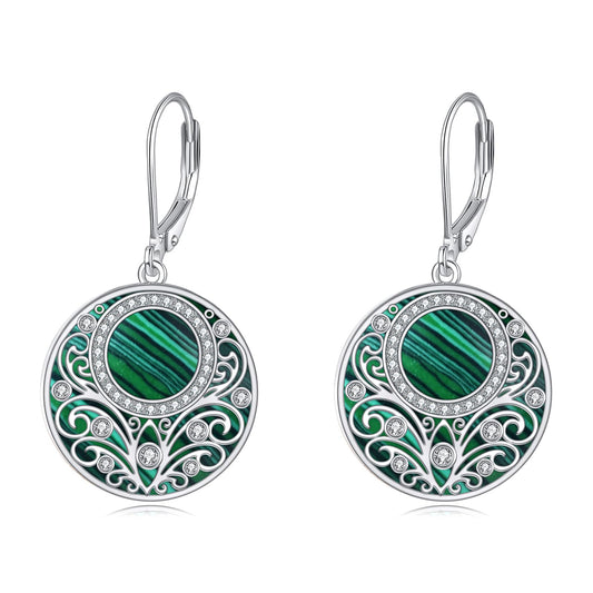 Malachite Drop Earrings Sterling Silver Filigree Leverback Earrings Green Circle Dangle Jewelry Gifts For Women