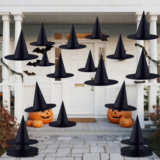 ZeeDix 24 Pcs Halloween Witch Hats Hanging Decor Indoor, Black Floating Witches Hat with 98 Ft Hanging Rope, Wizard Costume Accessories Outdoor Halloween Decorations for Home Yard Porch