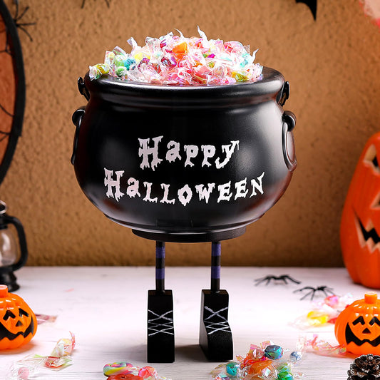 Shappy Halloween Decorations Cauldron Candy Bowl 8 Inch Plastic Black Witches Legs Candy Dish Bucket for Halloween Decor with Stickers Kitchen Trick or Treat Party Supplies Home Indoor Decor