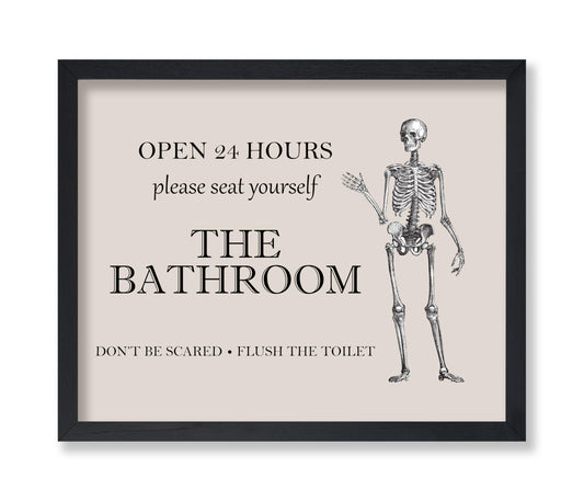 Poster Master The Bathroom Sign Poster - Don't Be Scared Print - Skeleton Art - Halloween Art - Trendy Wall Art - Funny Gothic Bathroom Decorations - Humorous Restroom Decor - 8x10 UNFRAMED Wall Art