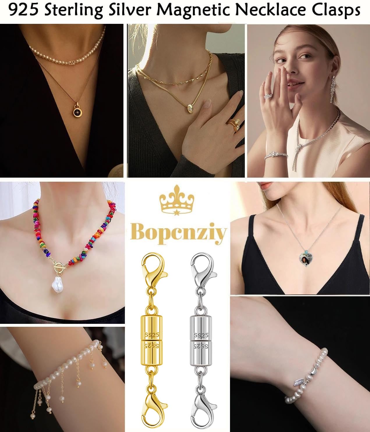 Magnetic Jewelry Clasps, 925 Sterling Silver, Strong Magnetic Closures for Necklaces and Bracelets (10pcs Golden Silvery)