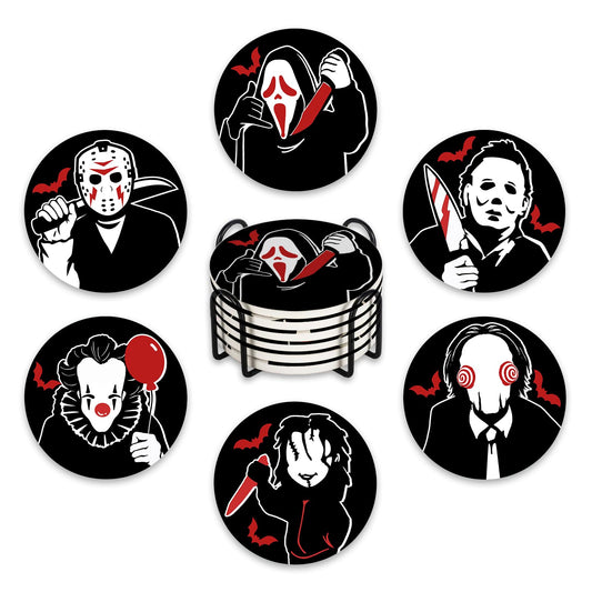 Pycat Halloween Horror Movie Characters Drink Coasters with Holder Set of 6, Bloody Black Absorbent Ceramic Cup Mat for Coffee Table Protection, 4 Inches Scary Home Kitchen Decor Housewarming Gifts