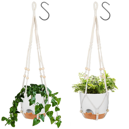 GARDIFE 8 Inch Hanging Planters with Macrame Plant Hanger for Indoor and Outdoor Plants, 2 Pack Large Self Watering Hanging Plant Pot with Basket Flower Pot with Drainage Hole, White