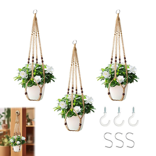 3Pcs Macrame Plant Hangers Indoor 35Inch Brown Hemp Rope Plant Hanger Hanging Plant Holders Hanging Planter Basket Flower Pot Holder with S Hooks and Hook Nails, Crochet Home Decor Plant Hanger