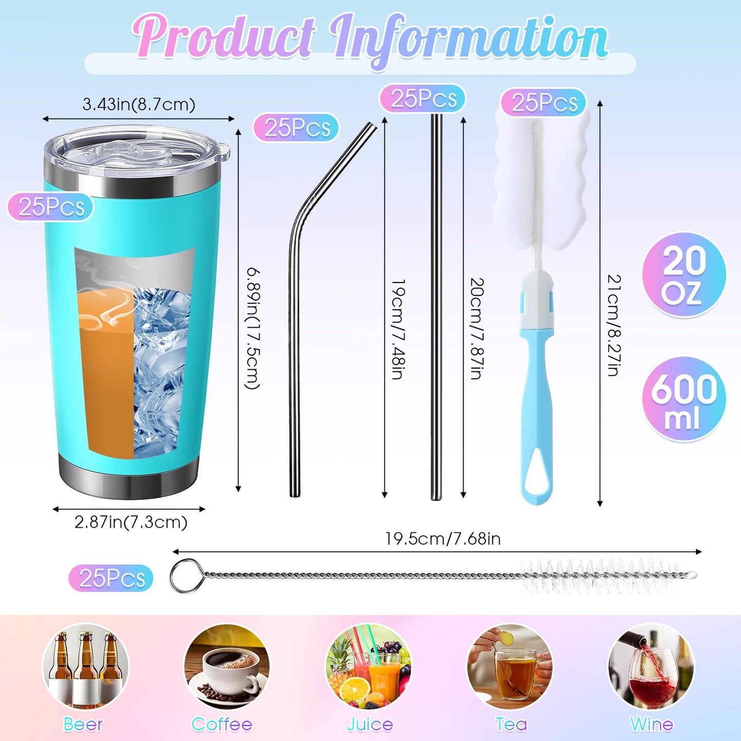Sieral 25 Pack 20oz Tumbler Bulk Stainless Steel Cups Double Wall Vacuum Insulated Travel Mug Bulk Durable Tumblers with Lid and Straw Powder Coated Coffee Cups (Stylish Color)