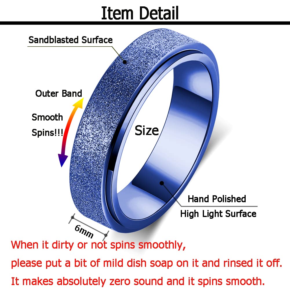 OreilleStar Titanium Stainless Steel Anxiety Ring for Women Men Fidget Spinner Ring Fidget Toys Adults Thumb Ring Size 10 Width 6MM Blue Sand Blasted Finished