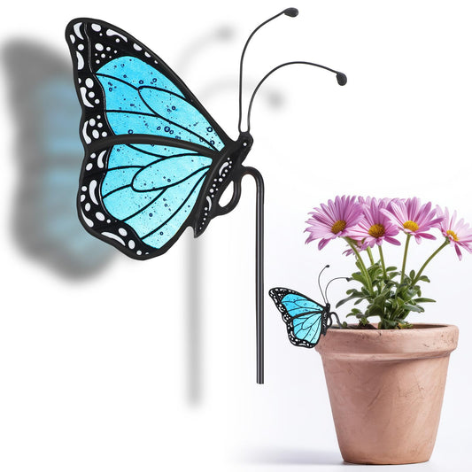 Geelin 1 Pc Stained Glass Butterfly Suncatcher Flower Pot Decoration Metal Plant Pot Hangers Colorful Garden Yard Suncatcher Decor for Spring Home Indoor Outdoor Decor(Blue)