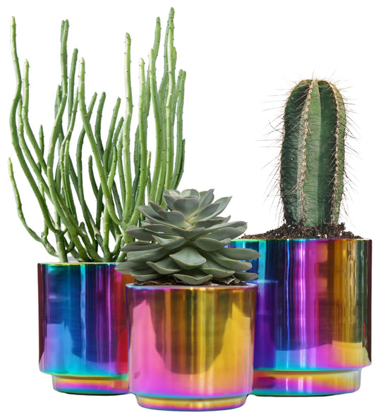 Ludu Unique Multicolor Set of 3 Chrome Planters – Durable & Stylish with Anti-Scratch Pads – Modern Round Home Decor (6.0"+5.0"+4.0" top Diameter) for Indoor Plants, Succulents, and Flowers (Rainbow)