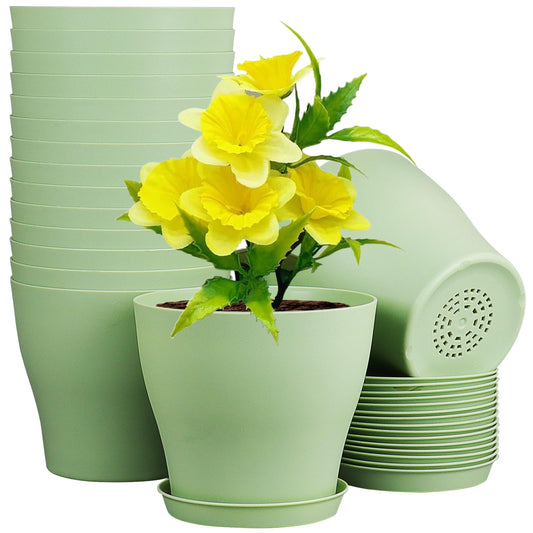 Meowell 6 inch Plastic Nursery Pots,16 Pack Plant Pots for Small Indoor Outdoor Plants, Flower Pots with Drainage Holes and Saucers, Decorative Seedling Starter Planters for House Plants, Green