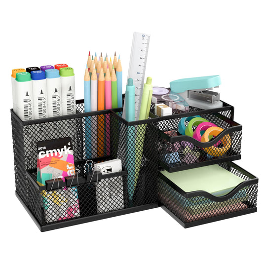 ReePlan Mesh Desk Organizer, Pen Organizer with 2 Drawers and 5 Compartments, Versatile Pen Holder for Small Space, Desk Organizers and Accessories for School Office Supplies, Black
