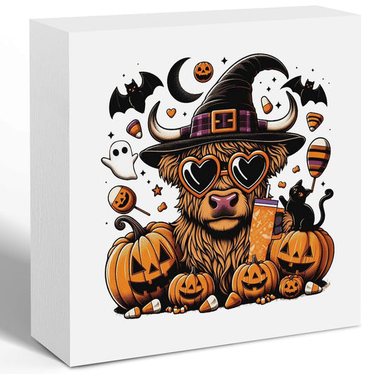Foritho Funny Halloween Witch Highland Cow Wooden Box Sign Plaque, Halloween Wood Signs for Home Office Desk Shelf Table Decor, Witchy Halloween Decor, Halloween Decorative Signage,5x5 Inch