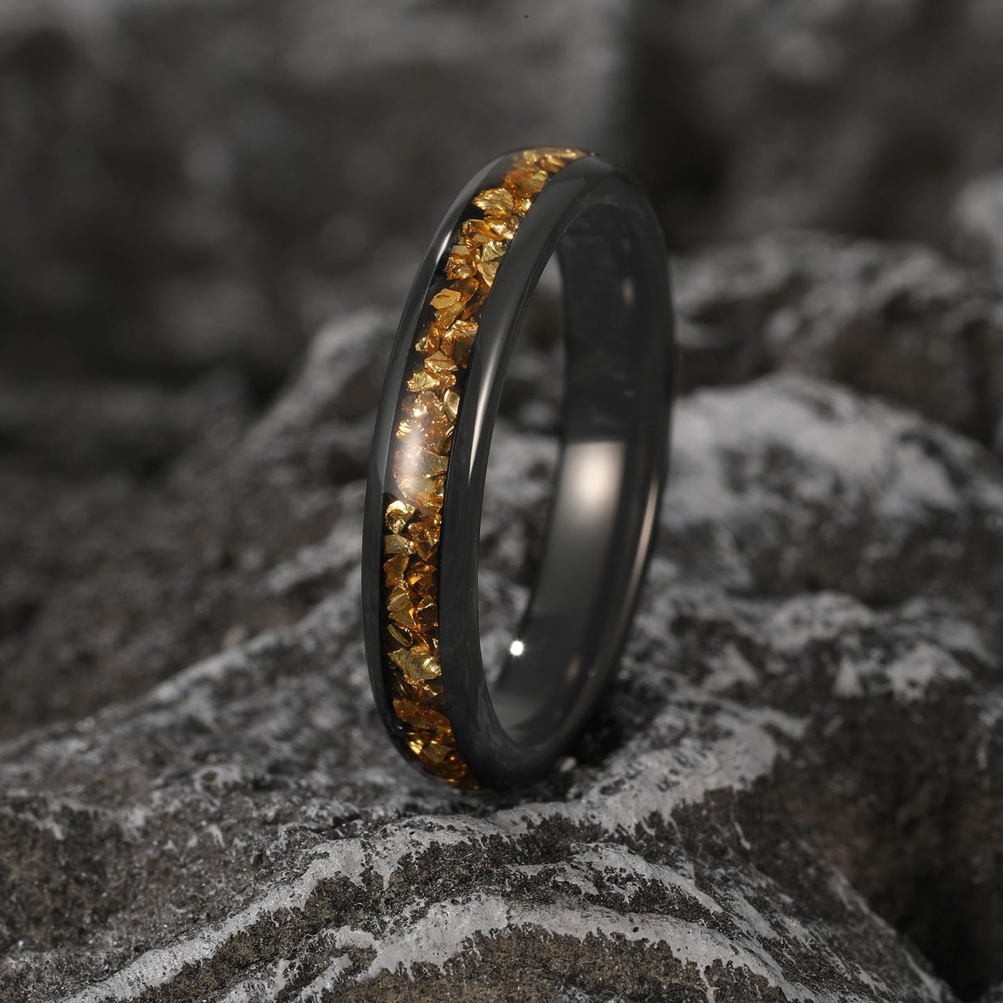 NUNCAD Women's Tungsten Rings 4mm Black Wedding Band Inlaid with Citrine Center Polished Domed Comfort Fit Size 7