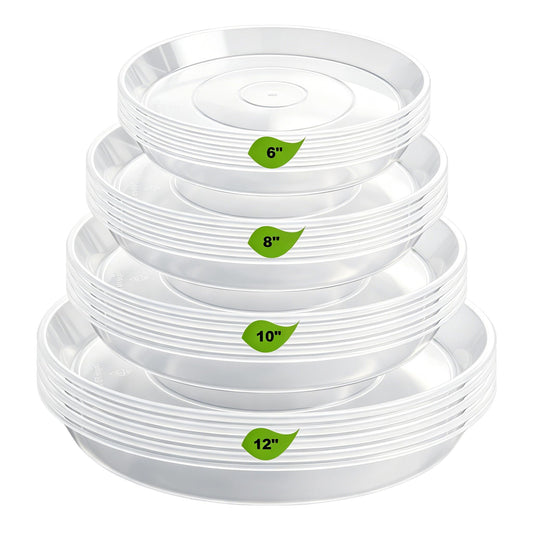LWALRS 20 Pack Plant Saucer Tray (6 8 10 12 inch), Plant Saucers for Indoors Outdoor, Plastic Heavy Duty Drainage Drip Water Trays for Planter Pots Flower, Clear Pot Saucers Trays for Plants