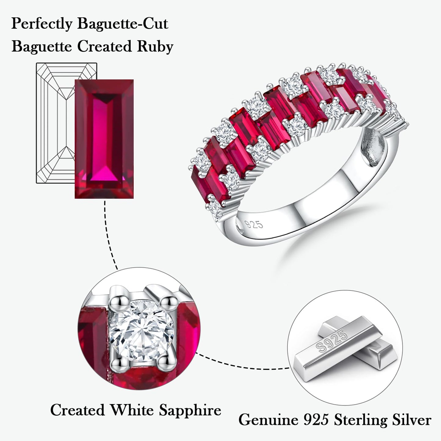 RANDES Ruby Wedding Band for Women 925 Sterling Silver Emerald Cut Cubic Zirconia Red Stone Anniversary Band Eternity Ring Size 10
