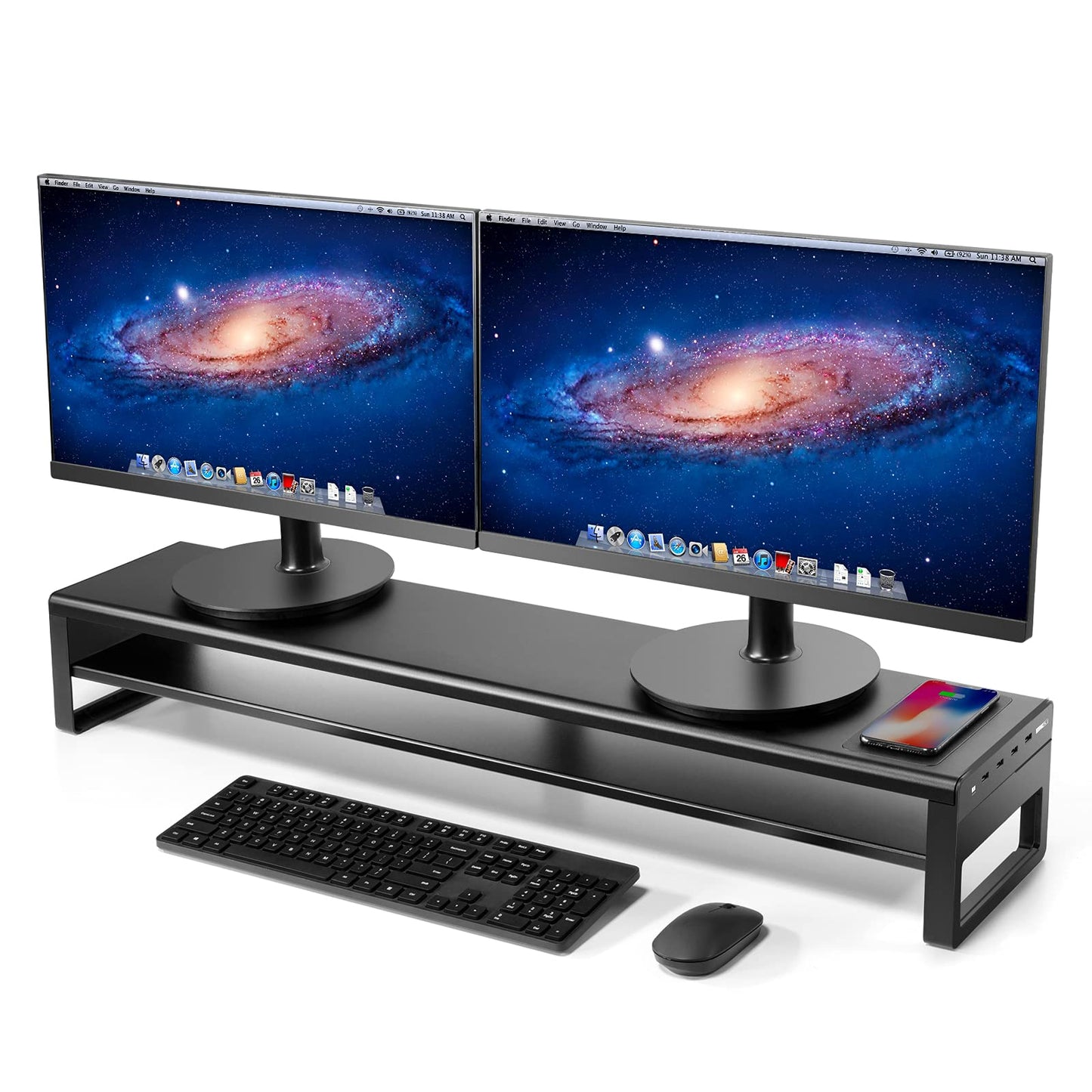 Vaydeer 2 Tiers Dual Monitor Stand Aluminum Monitor Riser with Wireless Charging and 4 USB 3.0 Hub Ports Metal Strong&Sturdy for PC Monitor Laptop Computer TV Printer Space Saving Desk Organizer