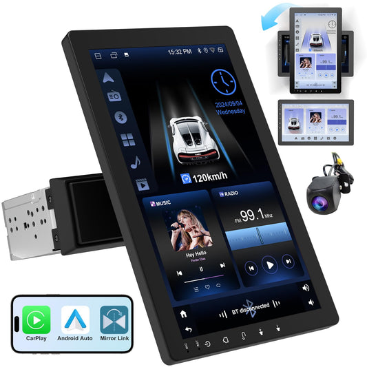 10.1" Rotatable Touch Screen Car Stereo Single Din - Android 13, Wireless CarPlay/Android Auto, 4-Core CPU, 2GB+32GB, GPS Navigation, Hi-Fi Sound, Bluetooth 4.2, AHD Backup Camera (Vertical Fit)