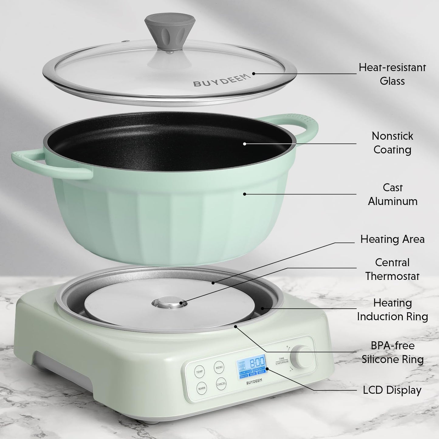 BUYDEEM 5-in-1 Slow Cooker 4.7QT with Removable Nonstick Stockpot, Compatible with Various Cookwares, Two Temperature Controls, Customized Time Settings, Auto Keep Warm for 2H, Cozy Greenish