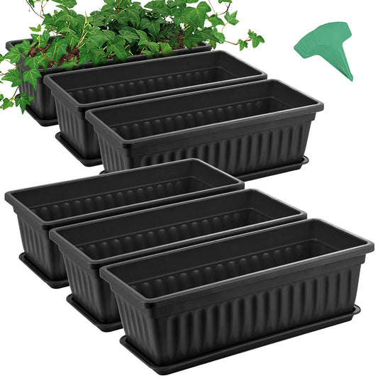 GROWNEER 6 Packs 17 Inches Black Flower Window Box Plastic Vegetable Planters Long Pots with 15 Pcs Plant Labels for Outdoor Indoor Windowsill, Patio, Garden, Home Decor, Porch