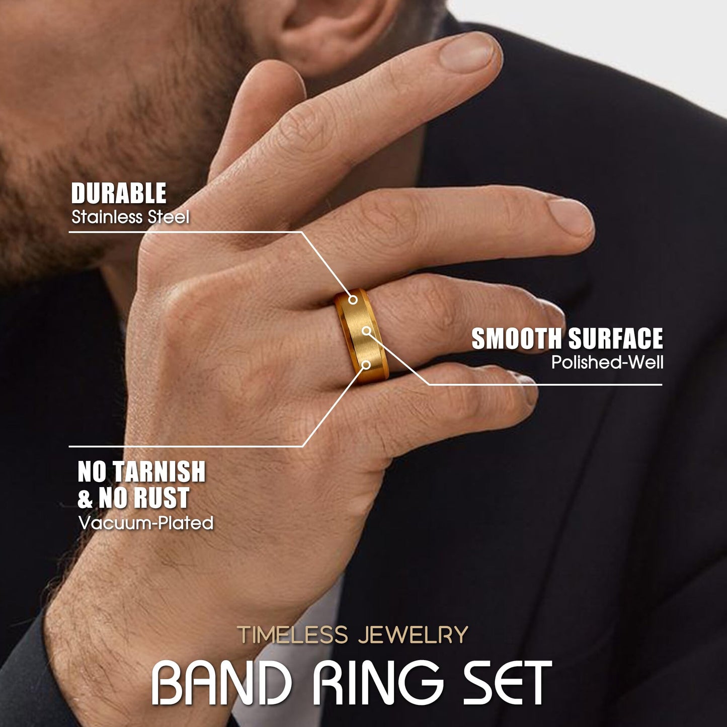 Jstyle Stainless Steel Rings for Men Women 8MM Wedding Band Rings Matte Surface - Beveled Polished Edge Mens Ring Size 7.5 18K Gold Plated Ring for Men