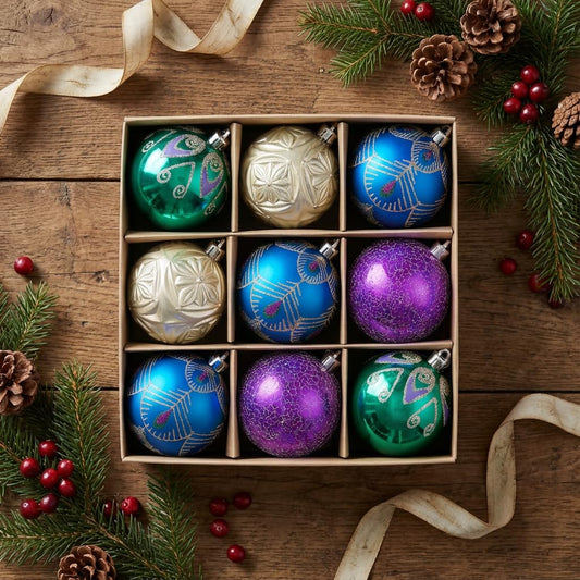 Valery Madelyn Christmas Ball Ornaments, 9ct Peacock Blue Purple Green Shatterproof Christmas Tree Decorations Set, 2.76 Inch Assorted Decorative Hanging Ornament Bulk for Xmas Holiday Party Decor
