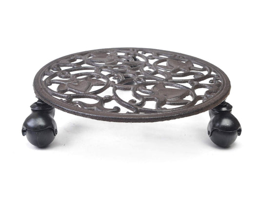 Fasmov Rose Cast Iron Plant Stand Plant Pallet Caddy Plant Pot with Heavy Duty Wheels Indoor Outdoor Planter Trolley Casters Rolling Tray Coaster