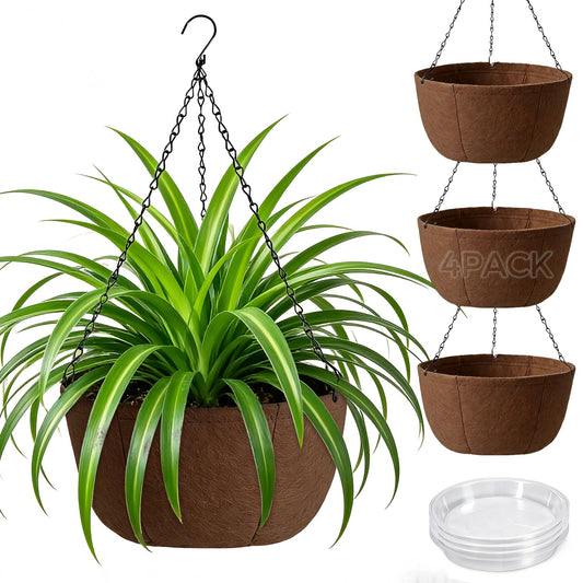 T4U Hanging Planters for Outdoor Plants, 12 Inch 4 Pack Fabric Hanging Baskets with Drainage Tray, Decorative Hanging Pots for Plants Outdoor Patio Porch Garden Use（Brown）